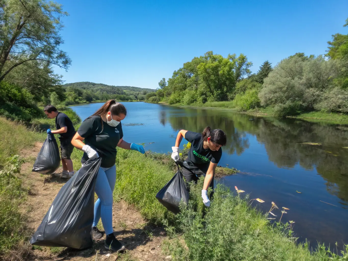 A dynamic image of volunteers participating in a river cleanup, removing trash and debris from the waterway, symbolizing LEPAPE's commitment to environmental preservation.